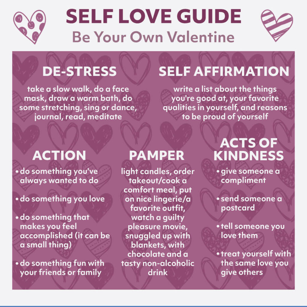 Self Love Guide for Valentine's Day, with suggestions for ways to de-stress, take action, pamper yourself, use self-affirmations, and do acts of kindness.