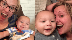 two photos of Chrissy Taylor posing happily with her baby son