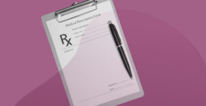 Prescription pad against a purple background, with an overlay of a swirl of translucent purple. Prescription pill addiction