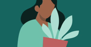 Attractive and comforting illustration of a brown-skinned woman with longdark hair holding a houseplant. This is an article about a heroin user.
