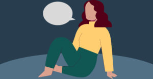 Illustration of a woman sitting on the floor with a speech bubble. Personal experience with methadone and buprenorphine