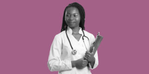 Young, female, Black doctor against a purple background. What It’s Like to Induct on buprenorphine.