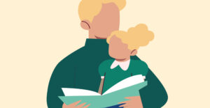 Illustration of a blond man holding a small, blonde child on his lap and reading her a book. Father in recovery
