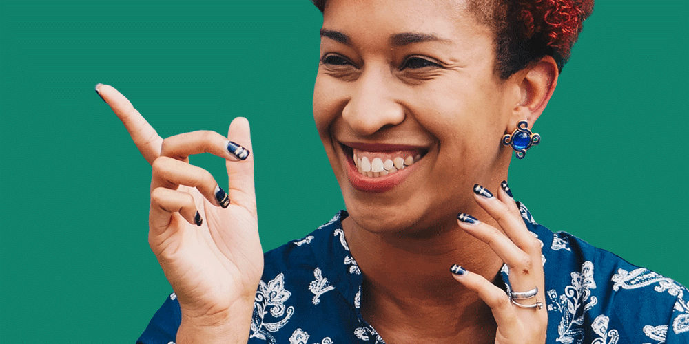 A smiling African American woman silhouetted against green. Horizon Healthcare Services