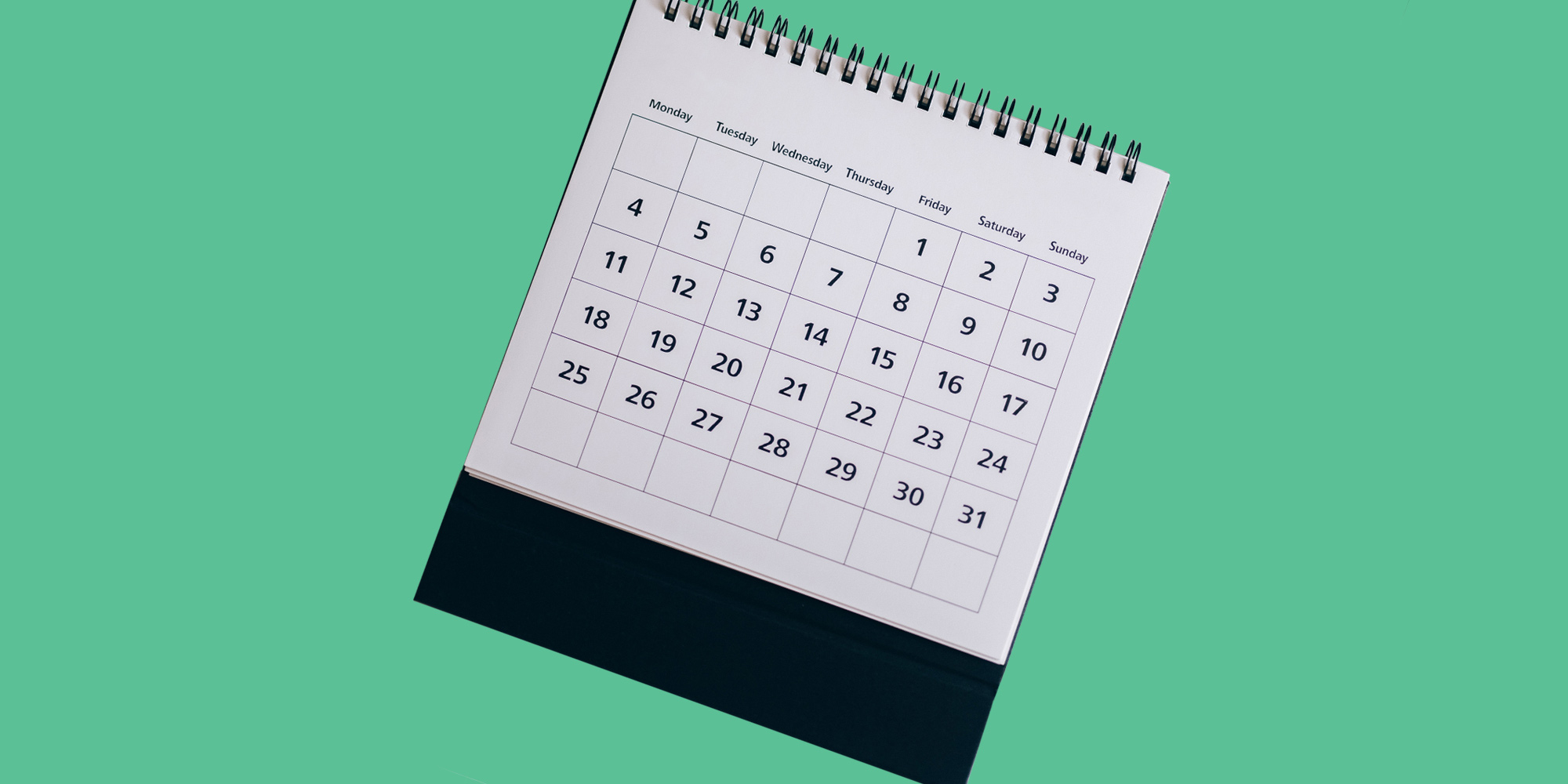 Monthly calendar on a green background. 30 day sobriety guide