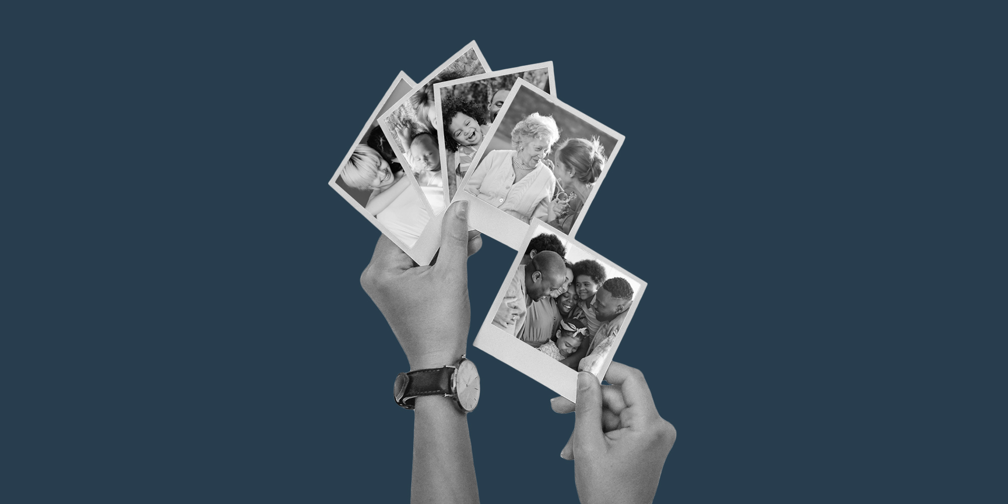 hands holding Polaroid photos of families. Family & recovery: A new beginning