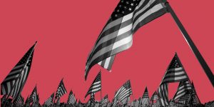 Many American flags against a red background. Ways to celebrate Memorial Day sober.