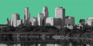 Minneapolis skyline against a green backdrop. Suboxone Treatment in Minneapolis