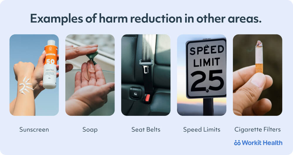 Examples of harm reduction, including using sunscreen, washing our hands, wearing seat belts, adhering to speed limits, and the use of cigarette filters