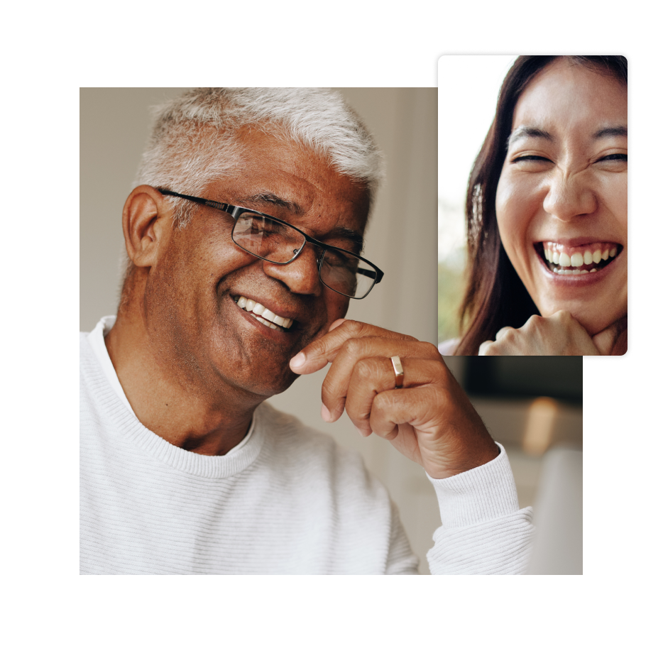 A collage of 2 images: a middle-aged dark-skinned man and a young Asian woman, both laughing.