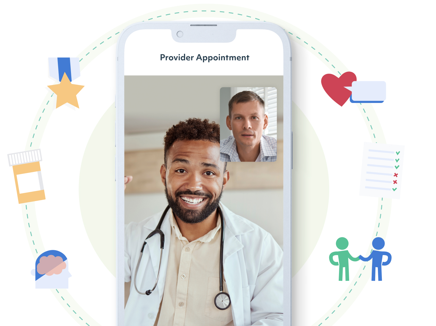 A cell phone screen featuring the WorkIt Health provider appointment feature surrounded by icons that correspond with the benefits offered.