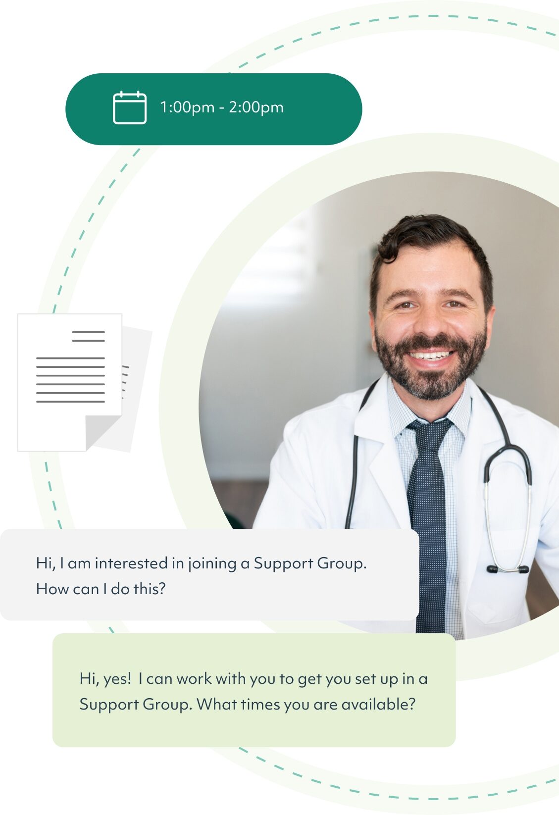 A green circle where a photo of a doctor is within the center. Around the doctor are icons representing booking an appointment, filing paprewor, and texting with a WorkIt Health representative for assistance.