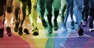 The feet of marathon runners with a rainbow overlay. Recovery, resistance, and pride