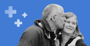 Older man kisses an older woman on the cheek. Blue background with the Medicare cross symbol. What addiction treatment does medicare cover?
