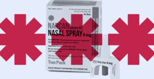 Boxes of Narcan (naloxone) with red symbols overlayed on top of the image. How to get naloxone