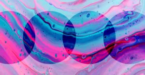 Swirling bands of blue and neon pink, topped with overlapping circles of translucent darker blue. Polysubstance use: the dangers of mixing drugs