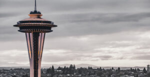 The Space Needle rising high in Seattle, Washington. Workit Health accepts Molina Medicaid in Washington state for opioid treatment.