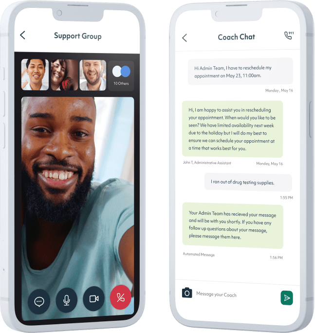 Two phones featuring Workit Health App screens - Support Group and Coach Chat