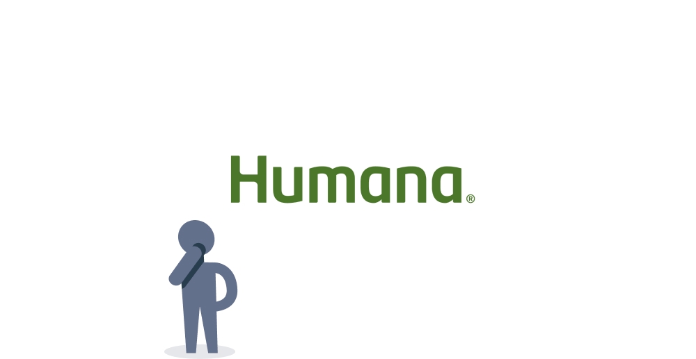 The Humana logo against a white background. A gray illustrated person looks up at the logo quizzically, with its hand on its chin.