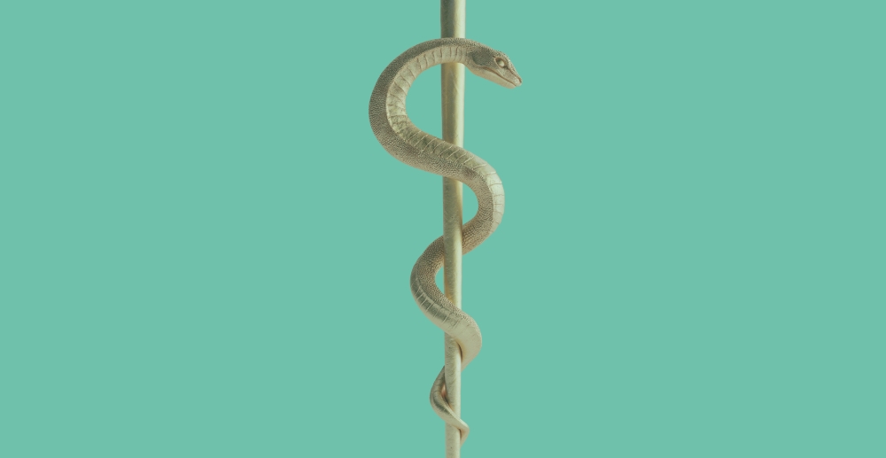 A golden Rod of Asclepius against a green background. Medication can help you drink less.