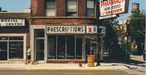 An old-fashioned pharmacy on a small town street.