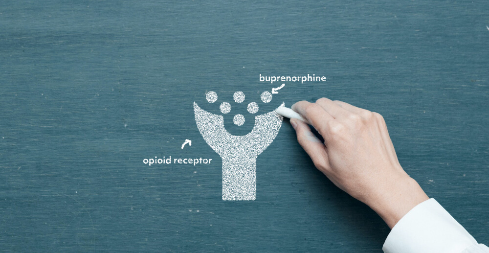 The hand of a white man, the cuff of his white shirt slightly visible, as he draws on a chalkboard with chalk. He draws an opioid receptor and an illustration of how buprenorphine partially activates it.