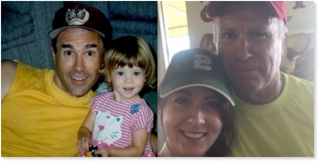 Two photos of Carolyn and her father with their faces cloe together. One was taken whe she was a small child of about two, and the other when she was a young woman. In both, her father is wearing a yellow shirt and a baseball cap.