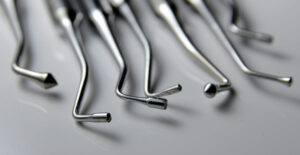 A row of metal dental picks and probes on a whiny white surface.