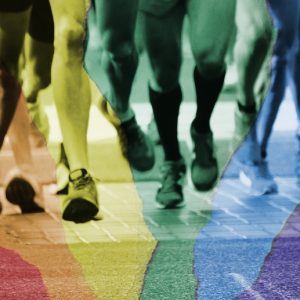 The feet of marathon runners with a rainbow overlay. Recovery, resistance, and pride