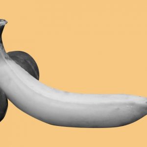 Banana and two plums arranged in a way that looks suggestive of genitals. Safer sex is harm reduction