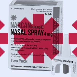 Boxes of Narcan (naloxone) with red symbols overlayed on top of the image. How to get naloxone