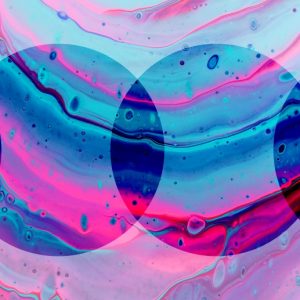 Swirling bands of blue and neon pink, topped with overlapping circles of translucent darker blue. Polysubstance use: the dangers of mixing drugs