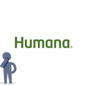 The Humana logo against a white background. A gray illustrated person looks up at the logo quizzically, with its hand on its chin.