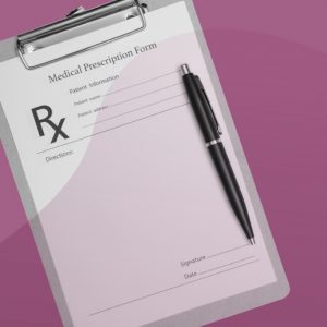 Prescription pad against a purple background, with an overlay of a swirl of translucent purple. Prescription pill addiction