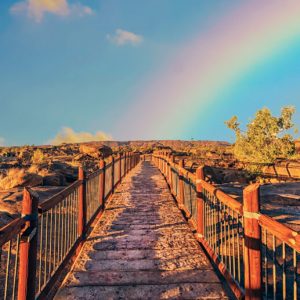 A path through the desert with fencing on either side. A rainbow shines in the distance.