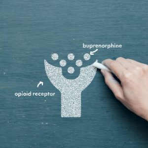 The hand of a white man, the cuff of his white shirt slightly visible, as he draws on a chalkboard with chalk. He draws an opioid receptor and an illustration of how buprenorphine partially activates it.