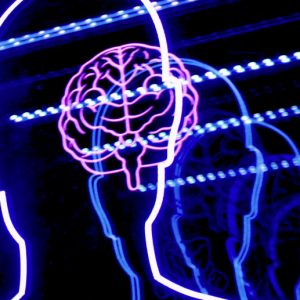 Glowing lights outline a human body. In the head is a glowing line-art brain.