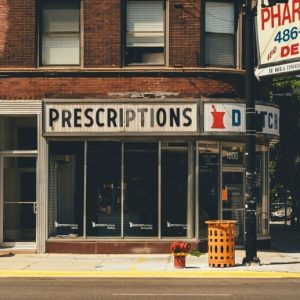An old-fashioned pharmacy on a small town street.