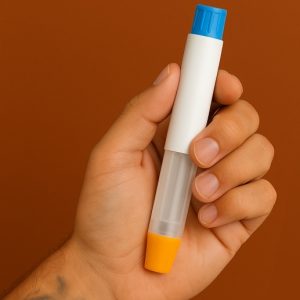 Hand holding a GLP-1 injector pen.