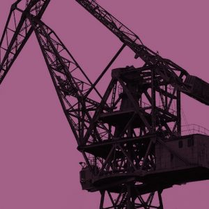 Grayscale photo of a construction crane against a magenta background