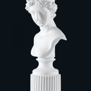 Classical bust sculpture of a lovely woman with a peaceful smile, carved from white marble.
