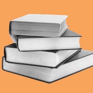 Stack of books on an orange background. Books on addiction