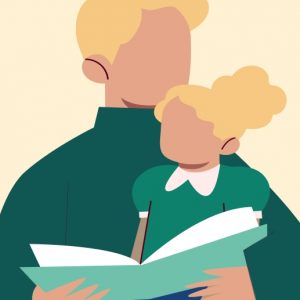 Illustration of a blond man holding a small, blonde child on his lap and reading her a book. Father in recovery