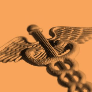 Rod of Asclepius on an orange background. Workit Health introduces a hepatitis C clinic