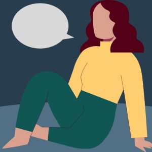 Illustration of a woman sitting on the floor with a speech bubble. Personal experience with methadone and buprenorphine