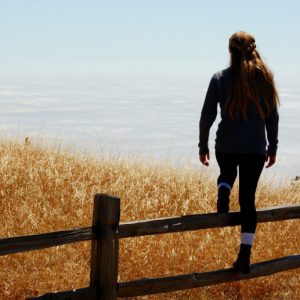 View from the back of a woman climbing over a fence into a field on the other side.