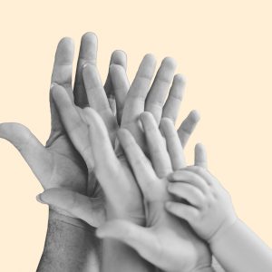 The hands of a man, woman, child, and baby, all pressed together. Parenting in recovery: Communication is key