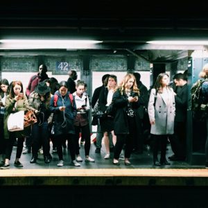 A crowded subway platform in New York City.