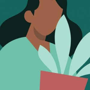 Attractive and comforting illustration of a brown-skinned woman with longdark hair holding a houseplant. This is an article about a heroin user.