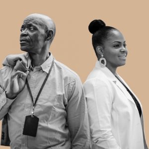 A black man facing left and a black woman in a lab coat facing right. Honoring the forgotten